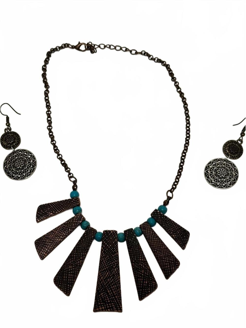 Western Style Faux Turquoise Beaded Textured Bar Necklace and Earrings Set